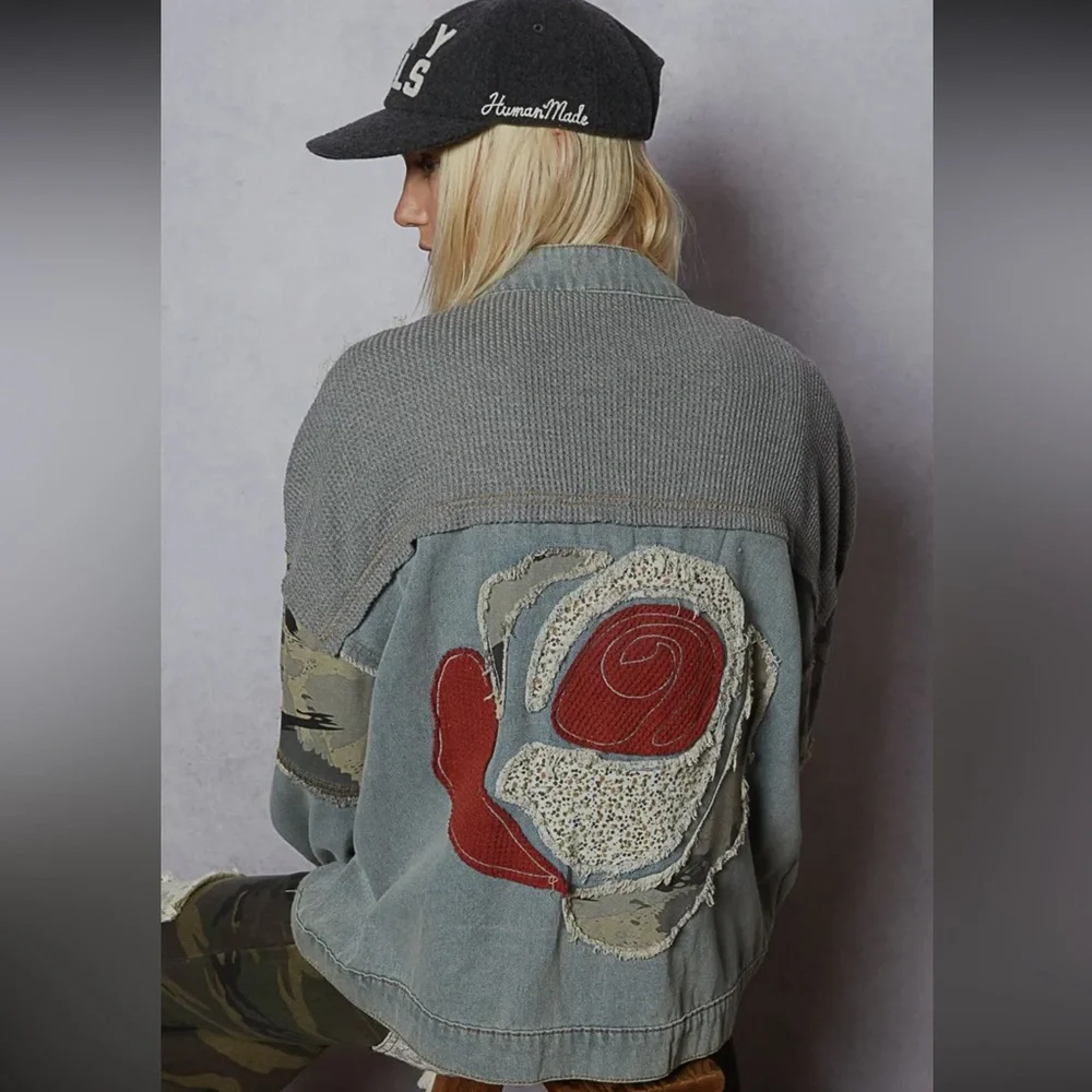 164. Oversized crochet rose embroidery camo denim jacket